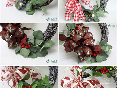 Vòng nguyệt quế Noel nửa vòng thắt nơ ĐK30cm VNGQ-X-43